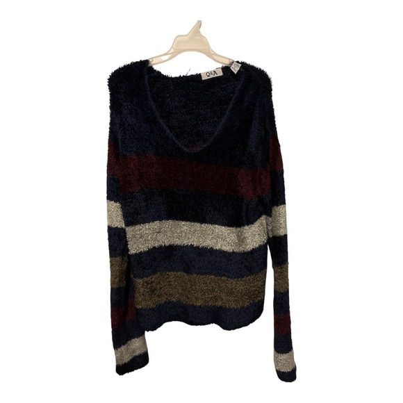 Sweaters - Q&A horizontal striped sweater with navy, burgundy, beige, and olive green